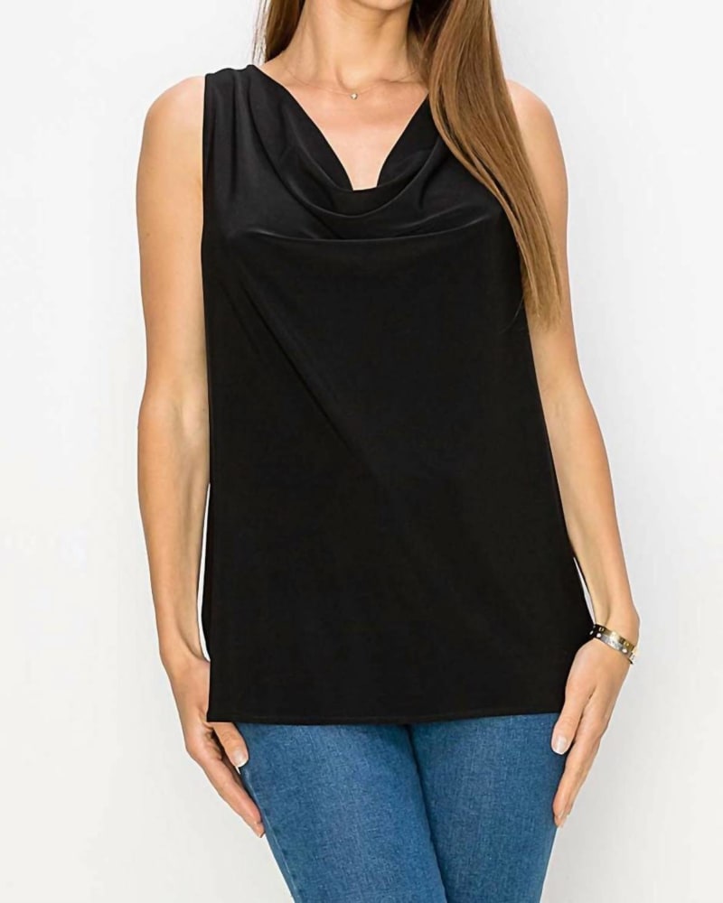 Front of a model wearing a size x-large Satin Cowl Tank in Black in Black by LAST TANGO. | dia_product_style_image_id:333930